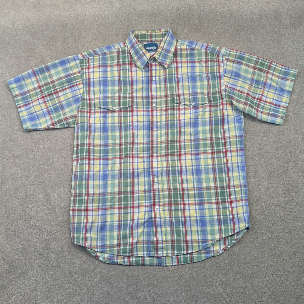 Vintage Wrangler Western Shirt Mens XL Multi Color Plaid Short Sleeve Pearl Snap
